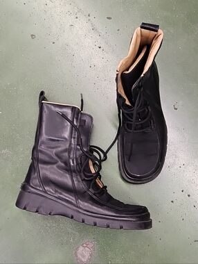 SERGIO ROSSI Black Leather Fabric Combat Military Lace Up Boots Size 37 Italy